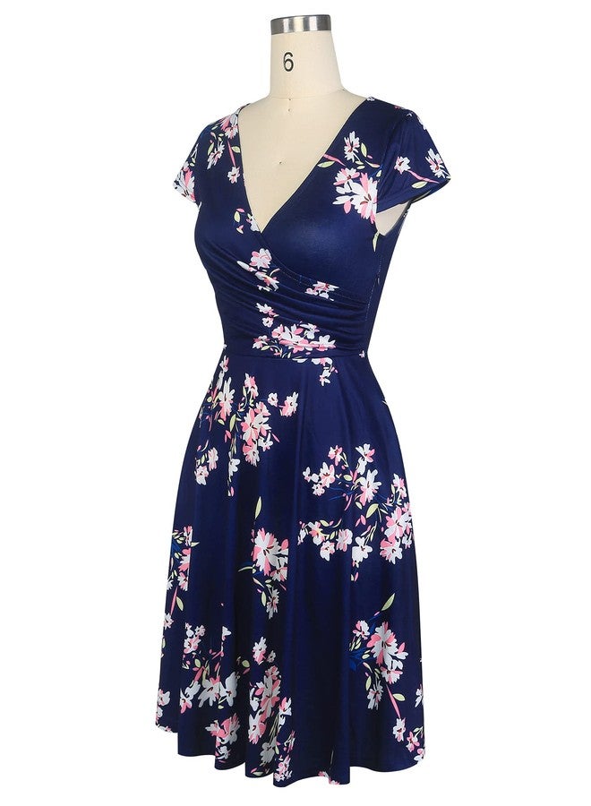 oxiuly Women's Chic Cross V-Neck Cap Sleeve Casual Summer Dress with Pockets Floral Flare A Line Party Tea Dresses OX296 (XXL, NB PinkF) - Image 3